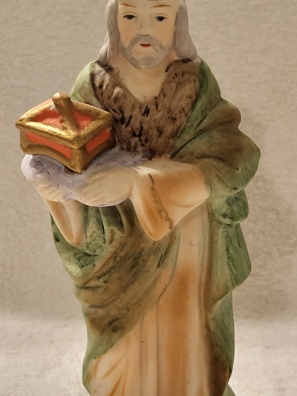 Homco #5216 Vintage Bisque Nativity Set Wise Man Green Robe Chest 7.5" Christmas